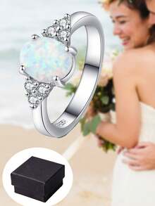 925 Sterling Silver Fire Opal Ring Engagement Promise Ring For Women Jewelry Gift - A - View 7