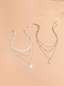 Simple Three-Layer Round Necklace With Multilayered Snake Lotus Pendant Necklace, Multilayered Gold Bead Disc - 銀色 - 查看 3
