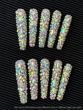 10pcs Handmade Press On Nails Kit Long Coffin Nails White Bling Glitter Glistening Iridescent Luxurious Rhinestone Decor Japanese Style Modern Elegant Minimalist Korea Style Fresh Design Chic French Style Neutral Classical Nail Supplies Chirstmas Party