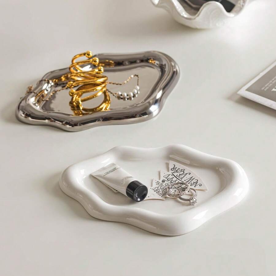 1pc INS Style Ceramic Jewelry Tray, Luxury Jewelry Storage Dish, Vanity Tabletop Photography Prop, Available In White Or Silver - Silver - View 1
