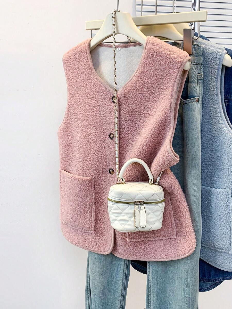 YUXIN Women's Essential Item For Autumn/Winter! Soft Faux Lambswool Sleeveless Cardigan Vest With Dual Pockets, Super Warm And Versatile For Daily Wear Pink Summer