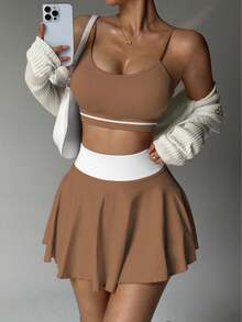 Women's Sports Suit With Vest And Skirt, Suitable For Sporty Casual - Màu Khaki - Xem 2