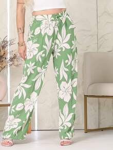 Floral Print Wide-Leg Pants, Loose Fit, Summer Style, Elastic Waistband, Side Pockets, Duna Fabric. - 薄荷綠 - 查看 1