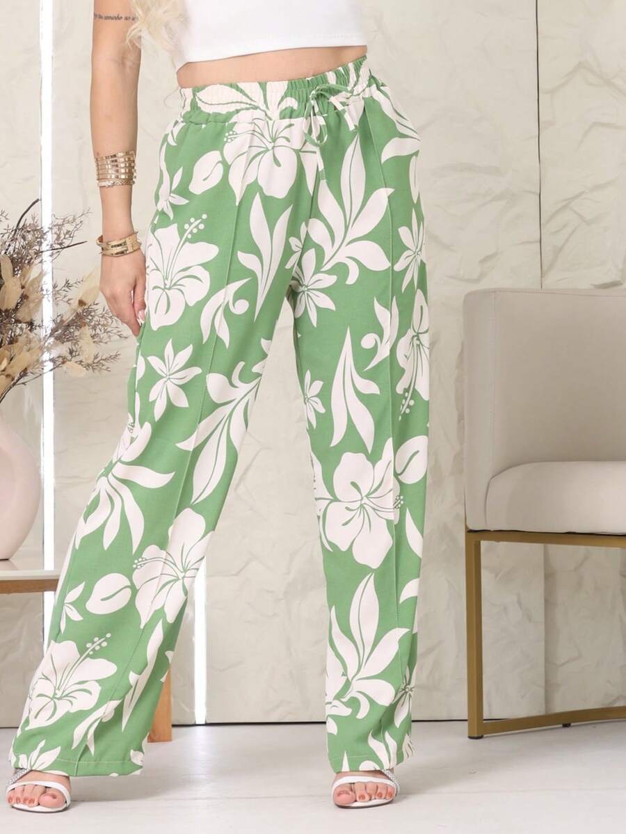 Floral Print Wide-Leg Pants, Loose Fit, Summer Style, Elastic Waistband, Side Pockets, Duna Fabric. - 薄荷綠 - 查看 1