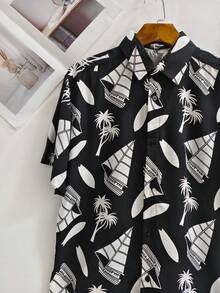 Men's Hawaiian Floral Beach Shirt, Summer Style, Short Sleeve, Button-Down, 100% Viscose Fabric (Shrinks A Little). - 黑色 - 查看 2