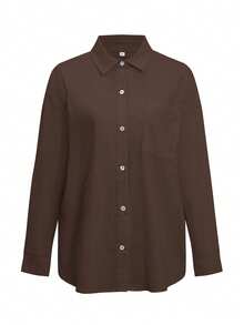 Áo sơ mi cotton trơn màu Look Polly dành cho nữ, kiểu dáng đơn giản, cài cúc một hàng phía trước, tay dài, thích hợp cho trang phục đi biển và nghỉ mát hàng ngày. - màu nâu - Xem 3