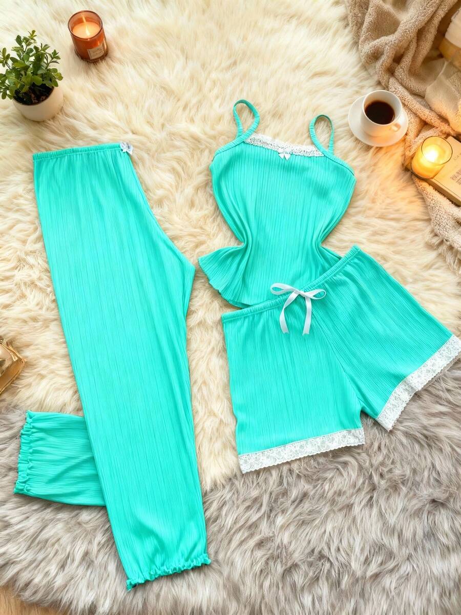 Women's 3-Piece Trio Pajama Set: Tank Top, Shorts, And Pants. Comfortable Ribbed Fabric. - 青碧色 - 查看 1