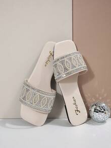 Sandales de plage ornées de strass, style coréen, pantoufles légères de luxe à enfiler pour femmes, mules décontractées d'été pour vacances, antidérapantes, surdimensionnées, tongs mode pailletées pour intérieur et extérieur - Beige - Voir 7