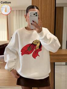 Blusa feminina de gola redonda, com forro de lã grossa e quente para outono e inverno. Blusa super grossa com estampa de cachecol vermelho feita à mão, ideal para estilos europeu/retrô/streetwear/preppy. Blusa feminina de cor sólida, manga longa, perfeita para o frio, looks de férias, looks para casais, looks para festas e como peça básica. - Branco** - Ver 4