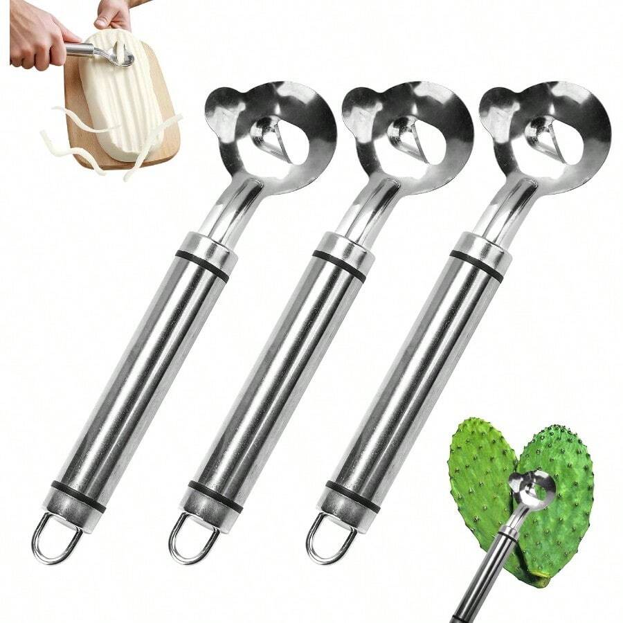 3pcs Spoon Cactus PeelerStainless Steel Strip Long Hole Cactus Thorn Removal Tool Sliced Chinese Noodle Cutter For Cooking Kitchen Gadgets 3p-Silver - 3p銀 - 查看 1