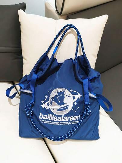 1pc New Casual Embroidered Planet Design Lightweight Nylon Tote Bag, Adjustable Shoulder Strap, Suitable For Party, Travel, Shopping And Beach