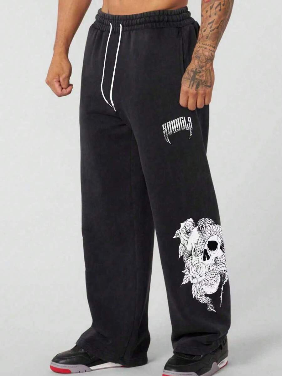 男士休闲字母骷髅印花运动裤，抽绳腰带，长款街头风运动裤，送给老公/男友的礼物，Emo/2000年代风格，秋季款 - 黑色 - 查看 1