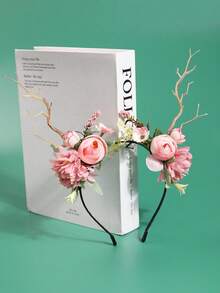 1pc Cute Deer Antler Headband, Floral Branch Wreath Headpiece, Nature Inspired Decor Prop For Photo Shoot, Women Hair Accessories - 22423 - View 4
