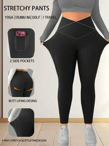 大码女式高腰收腹瑜伽裤，休闲运动紧身裤，带口袋，交叉绑带设计，适合锻炼、跑步、训练 - 黑色 - 查看 2