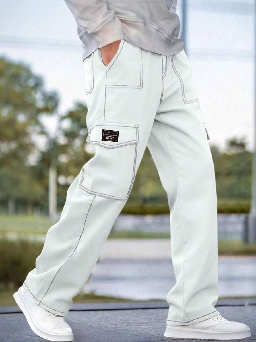 1 quần dài bó màu trơn nhiều túi thời trang xuân/hè cho nam, quần đi biển thường ngày, đi làm hàng ngày, tập luyện thể thao, đi bộ đường dài ngoài trời, quần dài tập luyện thoải mái, quần ống đứng - trắng - Xem 1