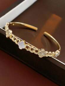 1pc Autumn/Winter Flower Oil-Drop Zirconia Chain Fashion Copper Gold Women's Bracelet, Suitable For Party, Ball, Outdoor, Daily Outfit Accessory, Dating, Birthday Gift - Vàng - Xem 11