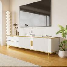 TV-Schrank, Lower Teller With Geschnitzter Textur, Golden Griffen And Füßen, Wohnzimmermöbel Mit Marmorstruktur - White - View 3