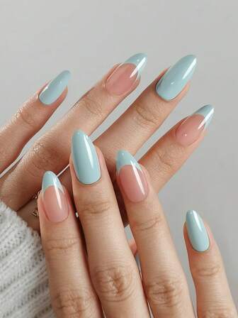 24 st mandelformade heltäckande press-on naglar, minimalistisk rosa & blå ombre fransk manikyr, fransk tipp, lämplig för tjejer/kvinnor dejt, present, alla hjärtans dag, julnaglar, daglig outfit, inkluderar 1 st jelly gel och 1 st nagelfil