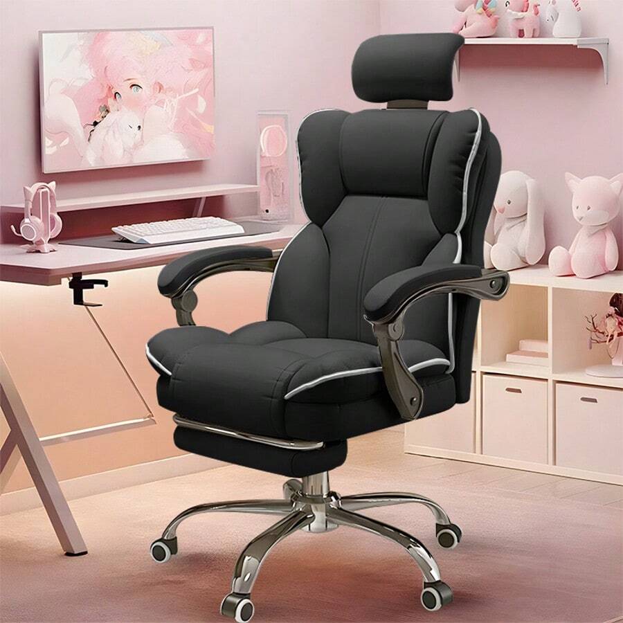 Computer Chair Home Comfort Sedentary Esports Chair Dorm Desk Chair Back Recliner Study Office Chair Swivel Chair Steel Feet + Fixed Armrests + Adjustable Height - 黑色 - 查看 1