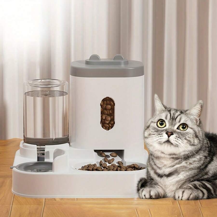 2-In-1 Automatic Pet Feeder And Water Dispenser For Cats, Dual Bowl Gravity-Fed System Ensures A Constant Supply Of Fresh Food And Water With Minimal Effort, Perfect For Busy Pet Owners Seeking Convenience And A Neat Feeding Station In Modern Grey - 灰色 - 查看 1