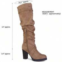 Women's Knee High Boots – Chunky Block Heel, Side Zipper, Warm Winter Boots For Casual, Office & Party Wear - 灰褐色絨面革 - 查看 6