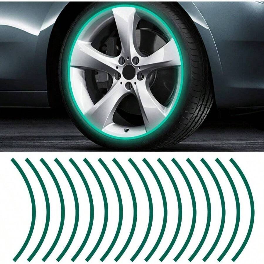 16PCS 17''19'' Reflective Wheel Rim Stripe Decal Sticker, Universal Night Safety Tape Reflective Stickers, Waterproof Tire Rim Decoration Stripe Decals Motorcycle, Car, Green - 綠色 - 查看 1