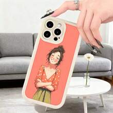 Cubierta de teléfono con diseño de dibujos animados mujer sonriente roja con estampado de lunares para uso diario en casa biblioteca Aplicable a teléfonos Apple y Galaxy. - Burdeos - Ver 6