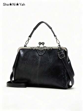 Ladies Soft Retro Leather Large Capacity Kiss Lock Portable Shoulder Crossbody Women Handbag Cell Phone Bag Clutch Bag Purse Party Dinner Bag Spanish Bag Casual Versatile Paragraph Birthday Gift Removable Shoulder Strap Cheap On