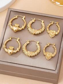 6pcs/Set Fashionable Hollow Heart, Carrot, Bamboo Hoop Earrings Set, Elegant Metal Gold Color Suitable For Women Daily, Party, Holiday Wear, Gift - Yellow Gold - View 7