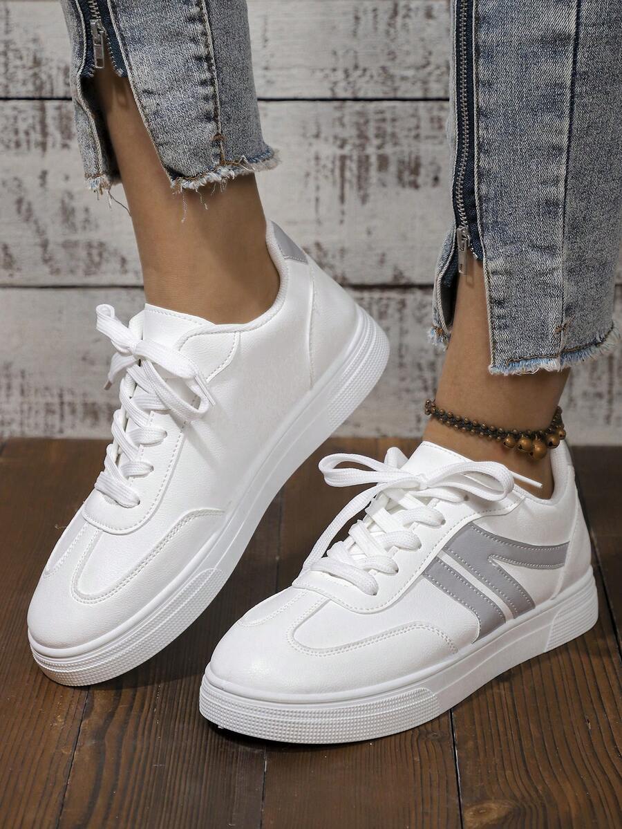 撞色纯色学院风休闲运动鞋，适合春/秋/夏季穿着，系带学生休闲平底户外运动跑步鞋 - 白色 - 查看 1