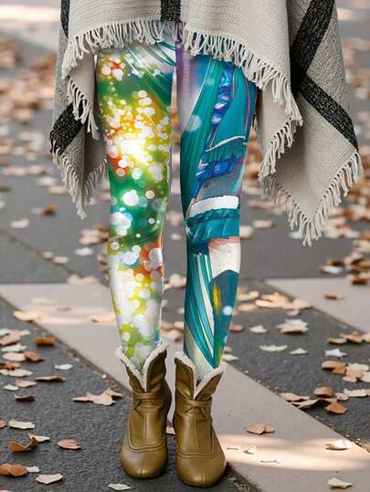 1 pieza Leggings de mujer de cintura alta con estampado navideño de dibujos animados, adecuados para otoño/invierno como capa base, ropa deportiva, yoga, uso casual