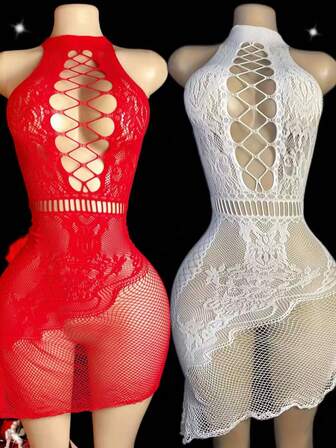 2 Pieces Set Women Hollow Dress Fishnet Sexy Lingerie For Romantic Nightwe