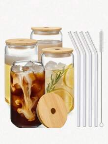 4pcs 16oz/500ml Glass Cups With Lids And Straws, Jar-Style Drinking Glasses, Coffee Mugs, Reusable Straws And Straw Cleaner, Suitable For Restaurant/Hotel/Commercial Use, New Year, Valentine's Day Beverages, Gifts - Multicolor - View 5