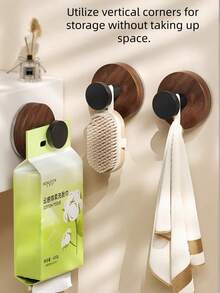 2pcs/3pcs Walnut Wood Grain Suction Cup Knob Hooks, No Drill Hanging Clothes Hooks, Removable & Reusable, Home Kitchen Rotating Wall Mount Storage Rack, Plastic Bathroom Shower Towel Organizer Hooks - Walnut Wood Grain Color - View 8