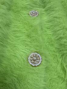 女士常规款绿色绒毛针织开衫，圆领，长袖，纽扣前襟，舒适且略带弹性 - 綠色 - 查看 4