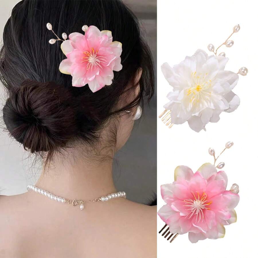 1pc Elegant Faux Flower & Pearl Bridal Hair Comb, Fashion Accessory For Wedding Dress, Bride Photoshoot - Multicolor - View 1