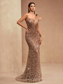 新款奢华亮片串珠渐变蕾丝褶皱胸部拼接美人鱼鱼尾裙摆露背可调节系带优雅性感正式晚礼服，适合派对、婚礼、晚宴、情人节等场合 - 咖啡棕 - 查看 7