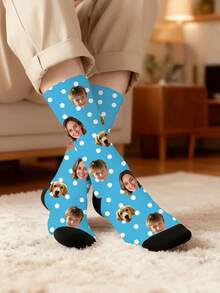 1 Pair Unisex Customized Face, Pet Dog And White Polka Dot Pattern Blue Knitted Novelty Socks, Suitable For Gift Occasions And Daily Wear - Multicolor - View 3