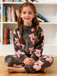 2件套小女孩熊毛绒长袖上衣和裤子套装，秋冬