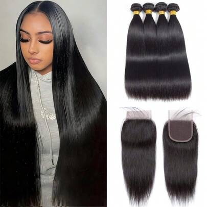 Pacotes de cabelo humano liso com fecho, cabelo humano brasileiro, 4 pacotes com fecho de renda 4*4, cabelo virgem liso não processado, pacotes com fecho, extensões de cabelo Remy, 95g/pacote