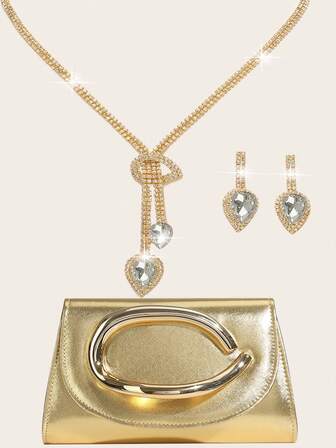 Conjunto de joyas con strass: collar, aretes y pulsera para bolso de embrague de lujo para fiesta, boda romántica, bolso de hombro con cadena para primavera/verano, bolso de novia, embrague formal para baile de graduación, bolso de vestido de noche elegante, perfecto para fiesta, boda, cena/banquete, a juego con vestido de fiesta, vestido de noche y vestido de lentejuelas