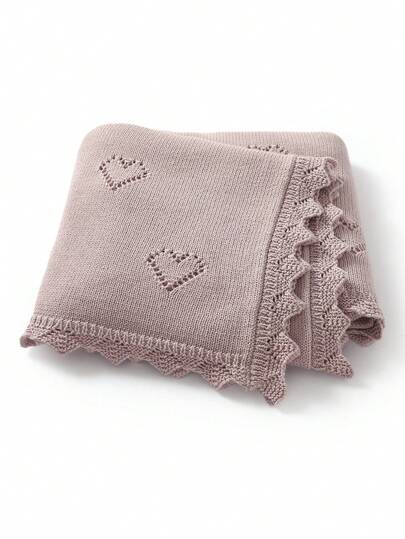 1pc Cute Heart Hollow Knitted Blanket, Delicate Crochet Edging, Children Blanket, Soft & Comfortable Baby Swaddle Blanket, All Season