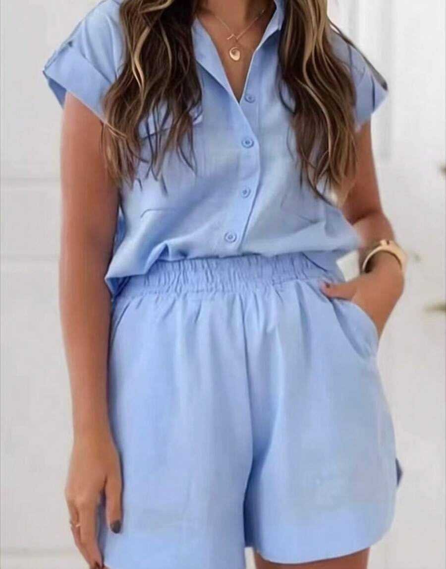 Women's Shirt And Shorts Set With Lining - Rửa nhẹ - Xem 1