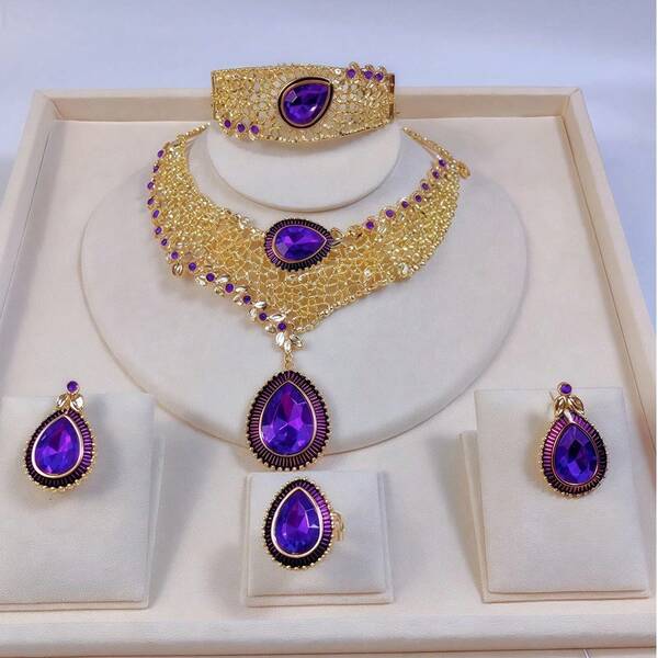 5 Peças de Brincos, Anéis e Colares Pingente de Lágrima Roxo Retrô e Elegante de Liga de Zinco Banhado a Ouro 18k, para Uso Diário de Mulheres