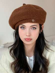 1件韩版ins百搭贝雷帽复古柔软透气弹力八角贝雷帽轻便女士帽子秋冬文艺画家帽纯色粗花呢花蕾帽女