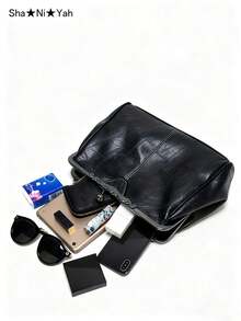 Women's Soft Vintage Leather Large Capacity Kisslock Portable Shoulder Crossbody Bag, Ladies Handbag, Phone Pouch, Clutch Purse, Spanish Style Party Evening Bag, Casual Versatile Birthday Gift, Detachable Strap, Affordable Price - Black - View 4