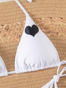 Tropical Style Heart Print Bikini Set, High Elasticity Fabric Sexy Swimwear, European & American Cross-Border Supply - White - View 4
