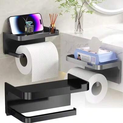 1PC Easy-Install Self-Adhesive Toilet Paper Holder With Shelf - Durable Plastic, Powder-Coated Finish, Multipurpose Bathroom Tissue Dispenser & Storage Rack Toilet Paper Roll Holder Toilet Accessories Bathroom Accessories Bathroom Tools