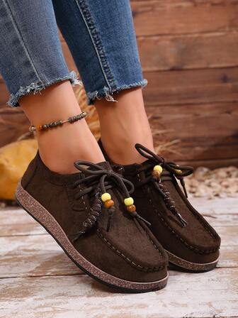 Mocasines planos con cordones y cuentas de unicolor para mujer, casuales y para ir al trabajo, de slip-on, para primavera/otoño