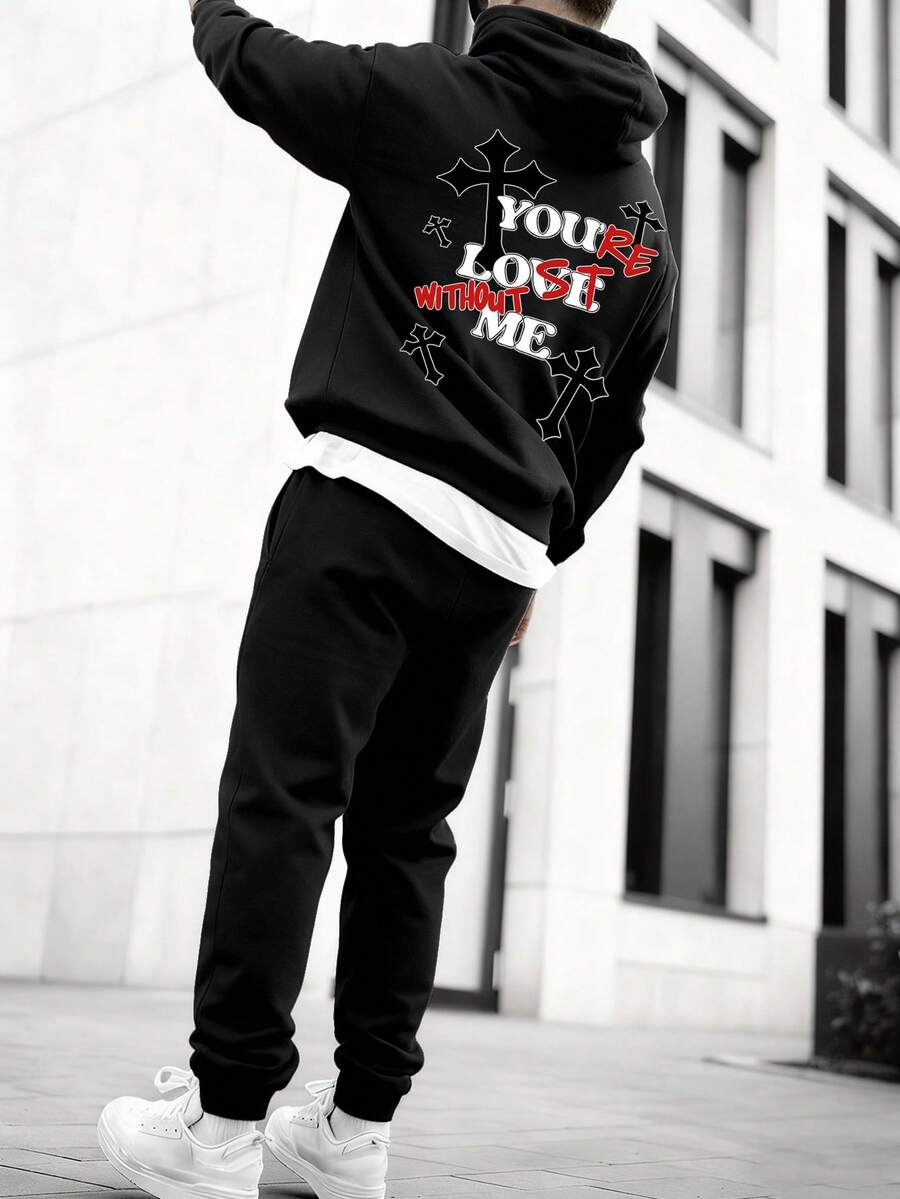 SECRET BASE Men's Religious "Jesus" & Cross Graphic Hoodie And Sweatpants Set - Oversized Streetwear TracksuitSECRET BASE Men's Religious "Jesus" & Cross Graphic Hoodie And Sweatpants Set - Oversized Streetwear Tracksuit - màu đen - Xem 1